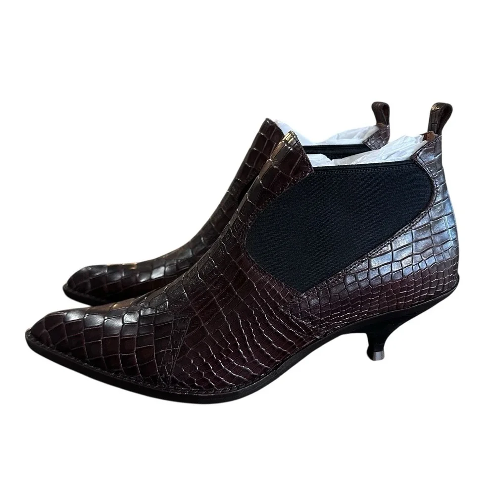Jeffery Campbell Paine‎ Crocodile Embossed Kitten Hill Ankle Boots Size 9 Brown